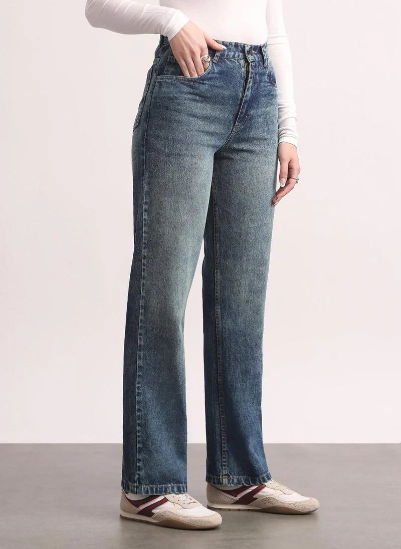 Urbano Fashion  Urbano Fashion Women's Blue High Rise Straight Fit Washed Jeans Non-Stretchable for Women | Best Price UAE